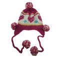 Forme o chapéu do coração do jacquard do gorro do beanie da menina com pom do pom